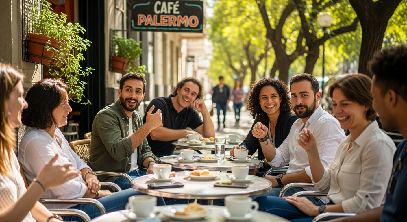 Residents meeting in a Buenos Aires setting, representing community and a softer landing