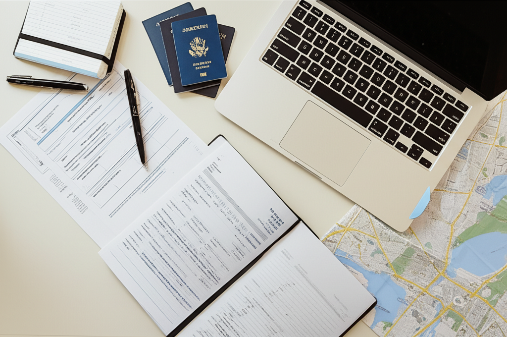 Documents, laptop, and passport arranged for cross-border move planning