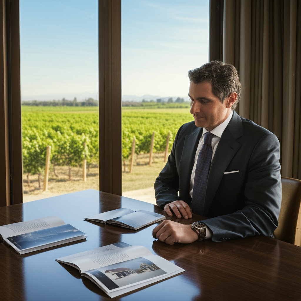 Investor-focused scene showing Argentine real estate and productive assets